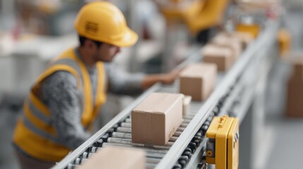 Man wearing a yellow hard hat and a yellow safety vest, working on a conveyor belt in a warehouse. he is holding a cardboard box in his hand and appears to be sorting through it.