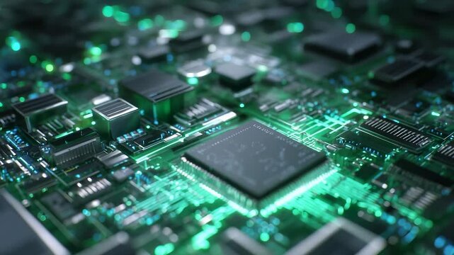 A close-up view of a circuit board showcases intricate components, including a central chip. This circuit board features various elements that highlight technology and innovation.