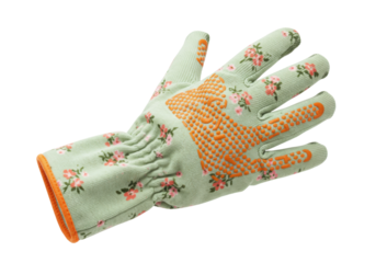 Isolated, gardening glove in floral pattern, with orange grips for protection and safety