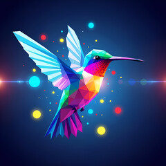 Colorful low poly hummingbird in flight with bokeh lights effect