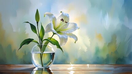 Luminous watercolor painting: white lily in clear vase on wood. Soft light, blurred blue, green, yellow background. Peaceful, elegant. Wallart, greeting card