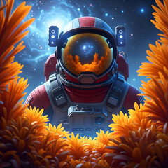 Astronaut surrounded by orange flowers in a surreal space scene