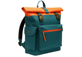 Isolated backpack in blue and orange fabric, travel or school gear, rucksack for outdoors