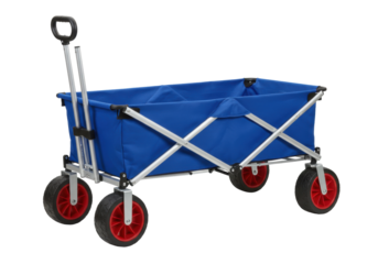 Isolated foldable hand cart with red wheels and blue fabric cargo area for hauling items