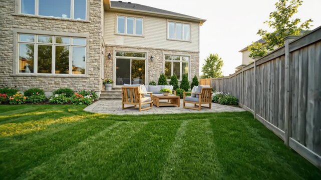 Walking Through Beautiful Backyard in Suburban Neighbourhood at Sunset