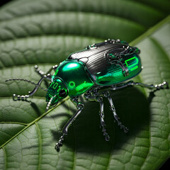 Futuristic robotic beetle with digital display on a green leaf