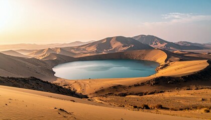 A stunning desert landscape featuring a tranquil blue lake nestled within rolling golden sand dunes, illuminated by the soft glow of sunrise.