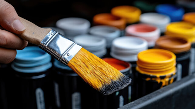 street vendor selling paint and brushes in outdoor hardware market with colorful display of tools and supplies