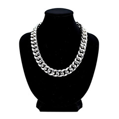 Premium silver chain displayed on a black velvet jewelry bust isolated on white background
