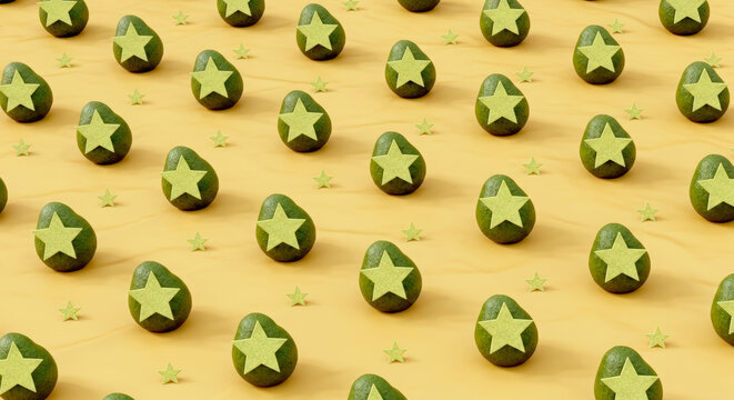 A pattern of green avocado stars on a yellow background