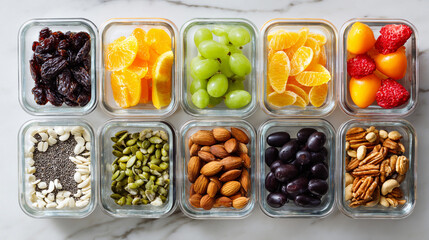 Overhead view of ten glass containers filled with various fruits nuts and seeds on a marble surface christmas and happy new year background 