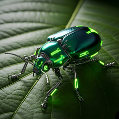 A futuristic beetle with glowing neon green lights on a leaf