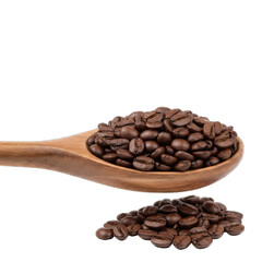 Obraz premium A Wooden Spoon Filled With Roasted Coffee Beans Next To A Small Pile Of Beans On A Transparent Background With Soft Lighting