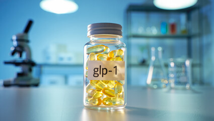 Pharmaceutical GLP-1 pills in glass jar on laboratory desk with scientific equipment background, clinical research and medicinal studies in healthcare content, diabetes treatment and drug innovation