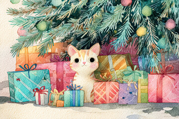 Adorable cat is surrounded by vibrant Christmas presents beneath a beautifully adorned tree, creating a joyful holiday scene