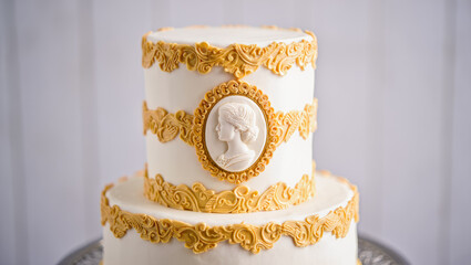 Elegant rococo two-tier cake with intricate gold detailing and cameo decoration, weddings, confectionery design, menu, recipe, tutorial, luxury events and celebration promotions, tutorial
