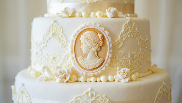 Elegant wedding cake with intricate lace design and cameo decoration, wedding celebration, and confectionery promotion, menu, recipe, tutorial, luxury events and celebration promotions