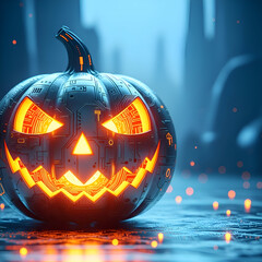 Cyberpunk jackolantern with circuit patterns and glowing orange eyes