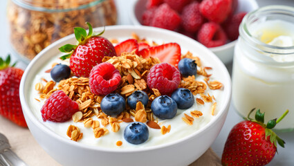 Healthy breakfast bowl with greek yogurt, granola, and fresh berries on a table, perfect for nutrition and wellness content, food blogs, cooking magazines, menu, recipe. glp-1 food, glp-1 recipes