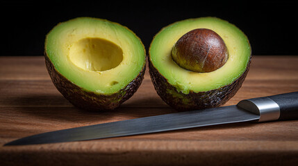 A close up of two avocado halves and a knife on a wooden cutting board against a dark background christmas and happy new year background 