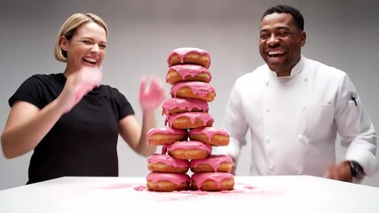 Woman and man joyfully stacking colorful donuts, showcasing a playful culinary creation process, with vibrant pink icing and a cheerful atmosphere in a modern kitchen setting