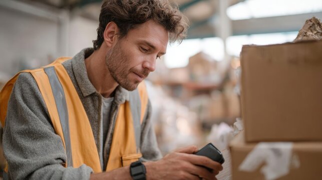 A man wearing a yellow safety vest and a grey sweater. he is standing in a warehouse or storage area with stacks of cardboard boxes in the background.