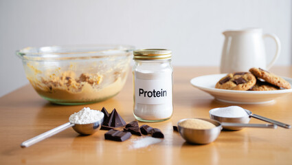 Protein powder jar with baking ingredients and cookies on kitchen table for cooking blog or nutritional website. High protein cookies recipe, glp-1 food, glp-1 recipes, low sugar snack