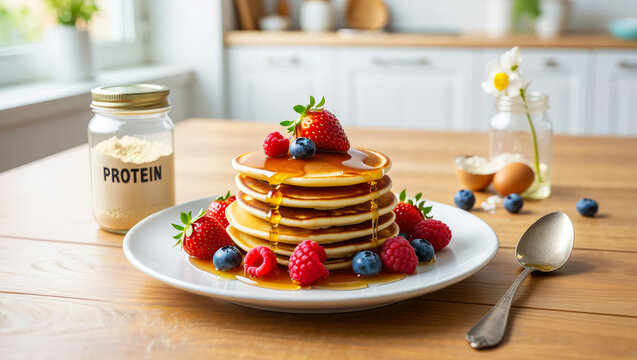 Protein pancakes stacked with fresh berries and syrup on a plate in a modern kitchen setting, breakfast health concept, glp-1 food, glp-1 recipes, high protein food, nutrition blogs, culinary magazine