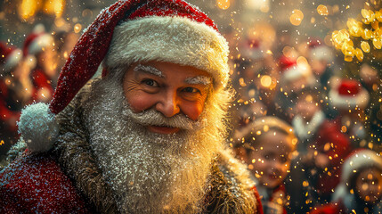 Santa Claus joyfully spreading holiday cheer and warmth, surrounded by festive decorations in a cozy room, creating a heartwarming and cheerful Christmas atmosphere.