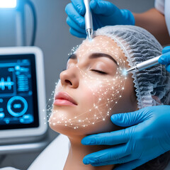 A woman receives facial treatment with advanced technology in a clinic