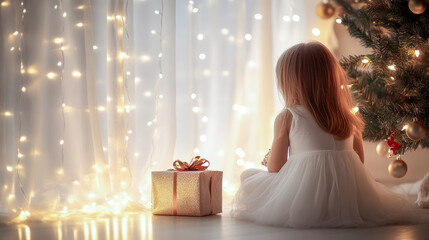 A little girl in a white dress sits on the floor, surrounded by sparkling Christmas decorations and a glowing tree, filling the scene with festive cheer, warmth, and holiday magic.