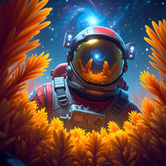 Astronaut surrounded by orange plants in a vibrant space scene