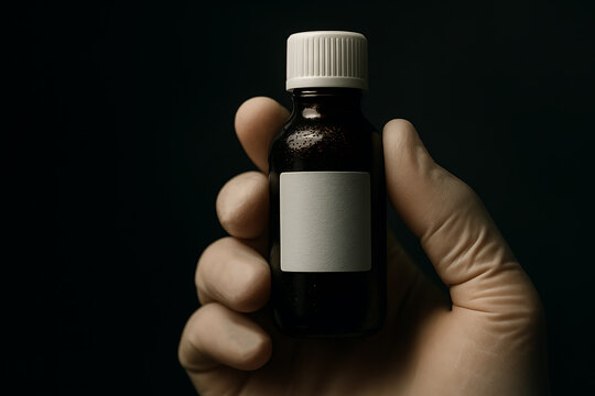 A dark glass medicine bottle with a blank label is held firmly in a gloved hand, illuminated against a deep background, emphasizing sterile handling and clinical precision.