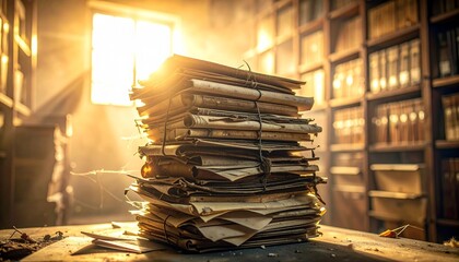 A stack of old documents tied with string sits on a desk in a dusty room with sunlight streaming through a window and bookshelves in the background.