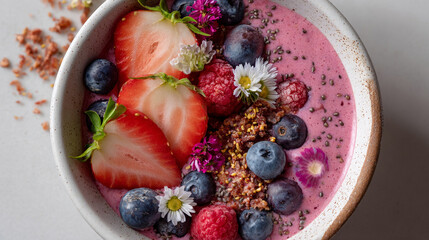 A close up shot of a smoothie bowl with strawberries blueberries and flowers in a ceramic bowl on a table