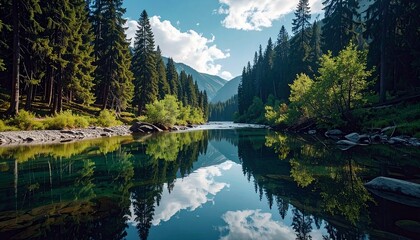 A picturesque mountain lake with clear, calm water reflecting the surrounding dense evergreen forest, rocky shoreline, and a bright blue sky with fluffy white c