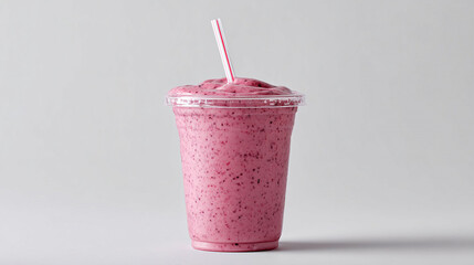 A vibrant pink smoothie in a clear plastic cup with a striped straw against a plain white background