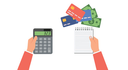 Hands Calculating Budget on Calculator with Credit Cards
