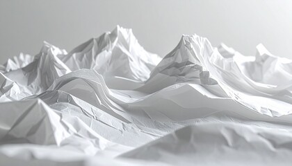 Abstract landscape of crumpled white paper resembling a snowy mountain range with dramatic shadows.