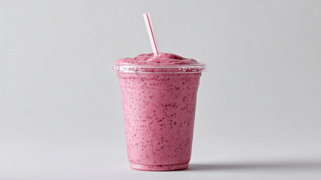 A vibrant pink smoothie in a clear plastic cup with a striped straw against a plain white background