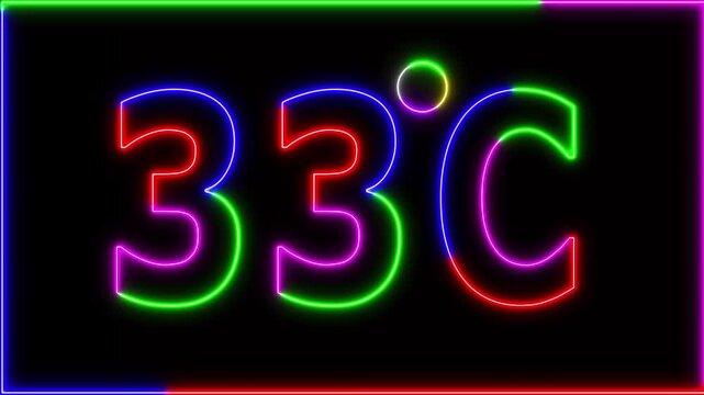 Neon 33&deg;C temperature display showing on black background. Weather temperature displays by degree, climate change, Scientific designs.