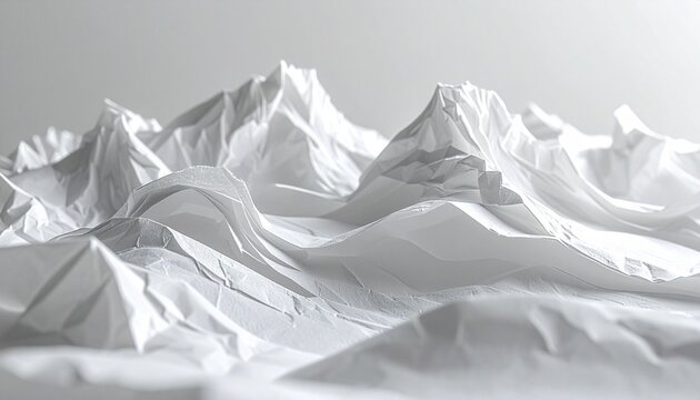Abstract landscape of crumpled white paper resembling a snowy mountain range with dramatic shadows.