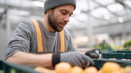 A man working in a greenhouse. he is wearing a grey beanie and a grey sweater with orange suspenders. he has a beard and is wearing black gloves.