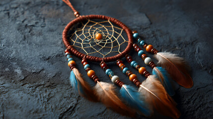 Blue Dreamcatcher on Texture. Shows feather detail and soft lighting. Perfect for backgrounds, posters, and spiritual branding.