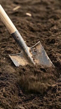 Shovel Digging Into Dark Rich Soil Cinematic Footage