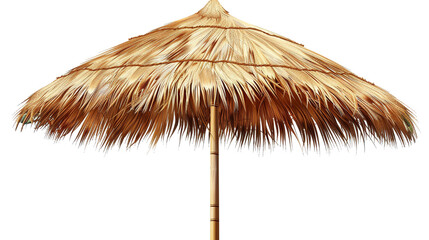 "A beautifully crafted straw beach umbrella, with its textured thatch and sturdy bamboo pole, stands ready to offer refreshing shade and a touch of tropical charm for a perfect sunny getaway."