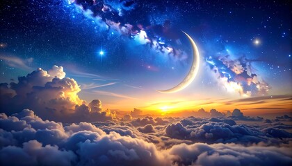 Celestial view Milky Way, crescent moon, and sunrise