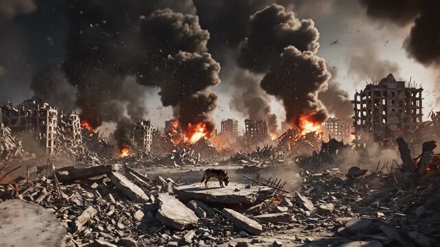 A lone dog stands amidst the smoldering ruins of a war-torn city, with fires burning and smoke rising into the dark sky.