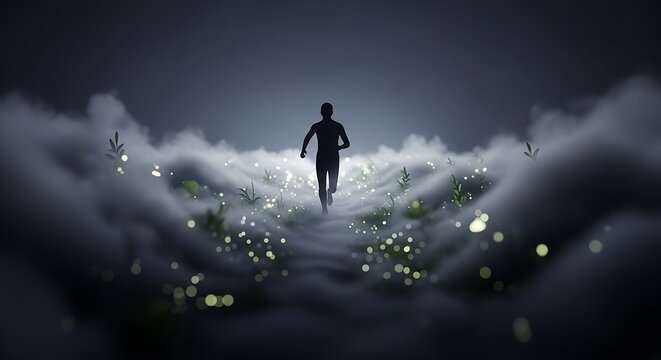 Run into a dreamy future with a silhouette figure running through light and fog, perfect for motivation and aspiration concept visuals