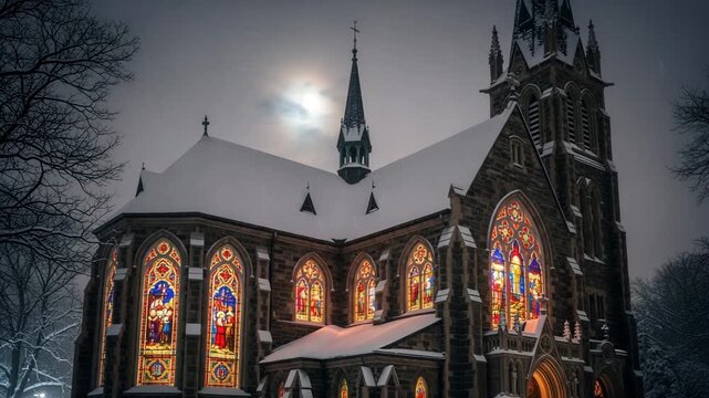 Majestic gothic stone church cathedral building covered in snow at night with stained glass windows glowing warm light under cloudy moonlit sky

